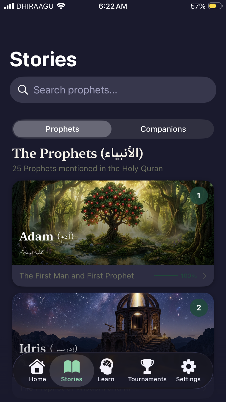 Stories screen showing search for prophets